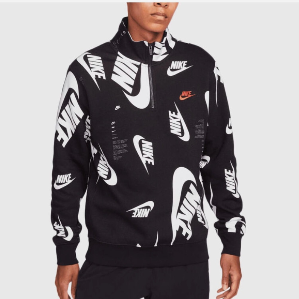 Nike Club Fleece 1/4 Zip All Over Print Sweatshirt Black White Size XXL